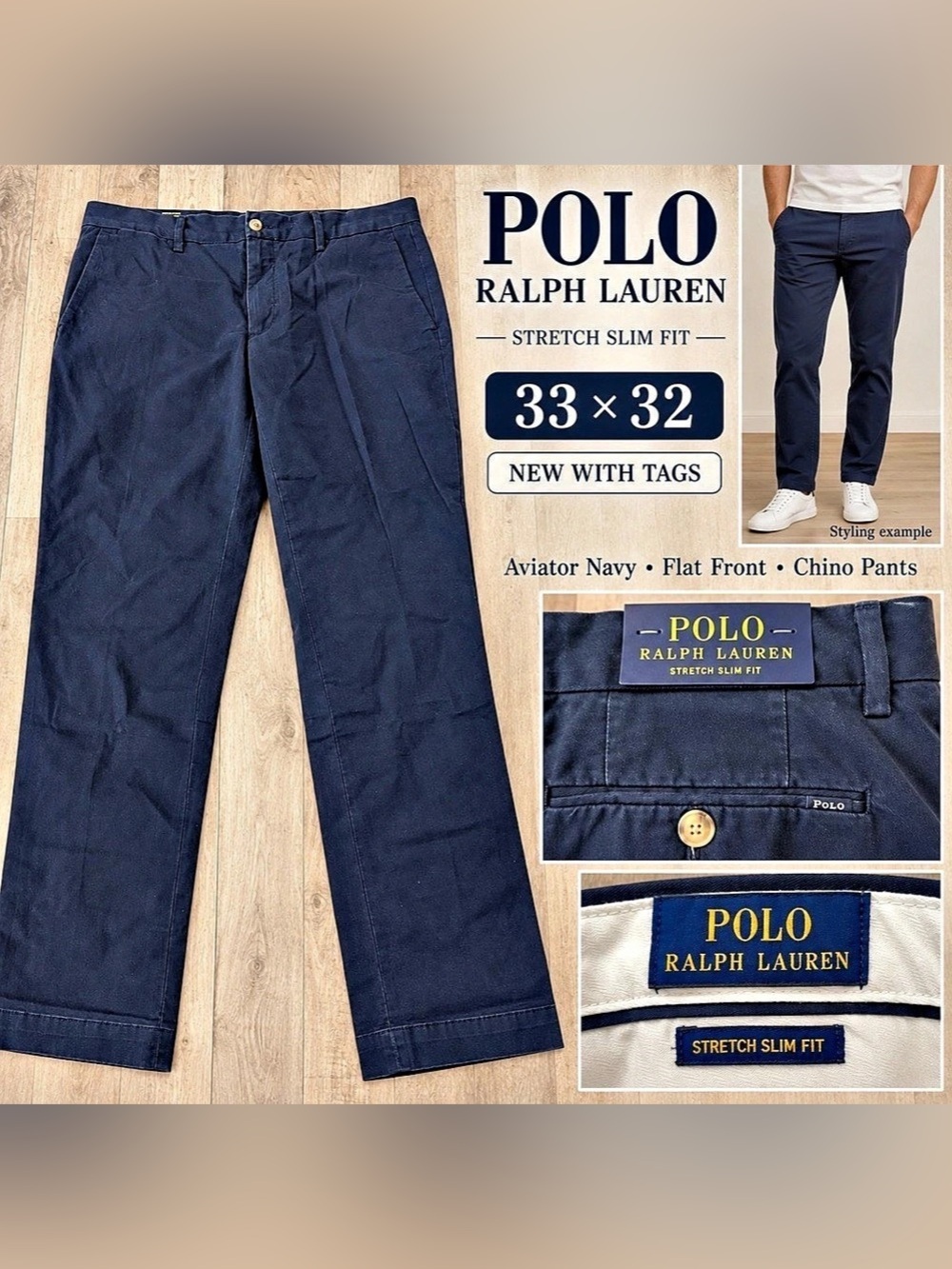 Polo Ralph Lauren Men’s Stretch Slim Fit Chino Pants – Navy – 33 × 32 – NWT